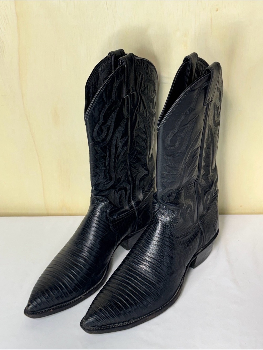 Justin Cowboy Boots Teju Lizard Skin Mens US 10.5D Black Made In USA 3482